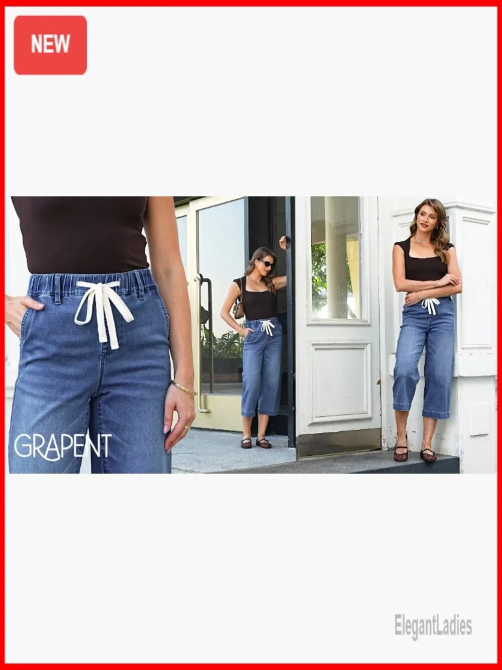 Wide Leg High Waisted Capri Jeans Pull On Elastic Waist Summer Stretch Denim